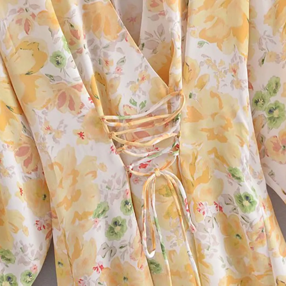 

2021 Fashion Women Summer V Neck Short Puff Sleeve Floral Print Linen Mini dress