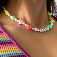 sweet and cool style rice bead letter personalized necklace simple flower peach heart smile clavicle necklace suitable for party