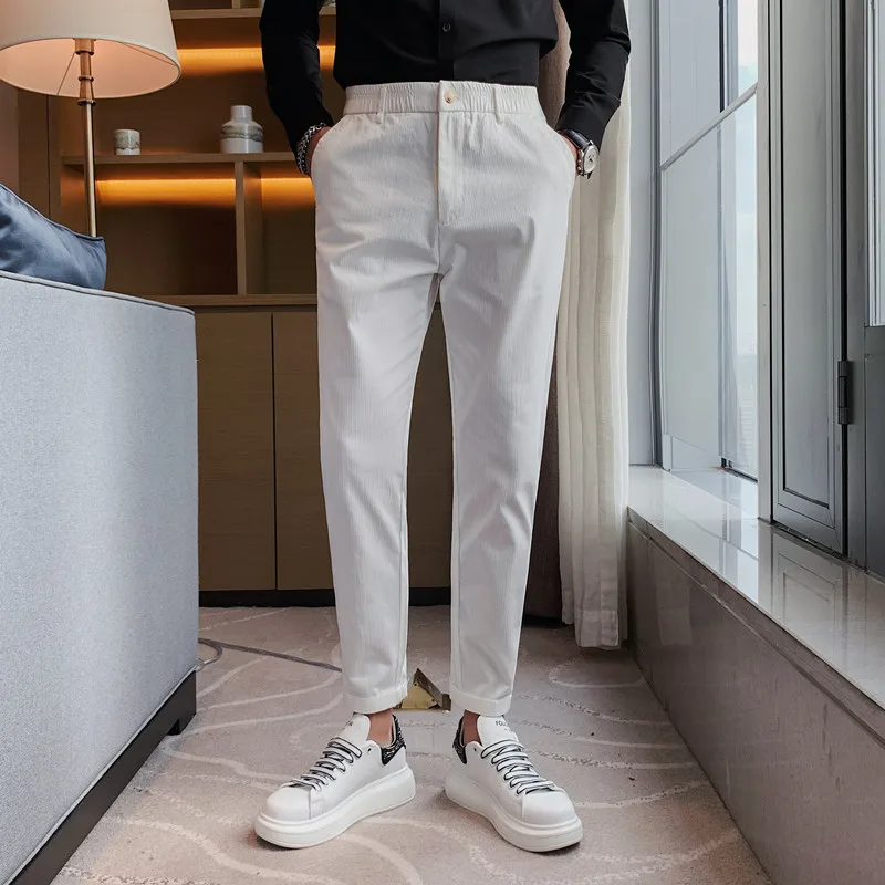 

Брюки мужские повседневные хлопковые, облегающие деловые однотонные офисные штаны, модная уличная одежда с эластичным поясом, осень