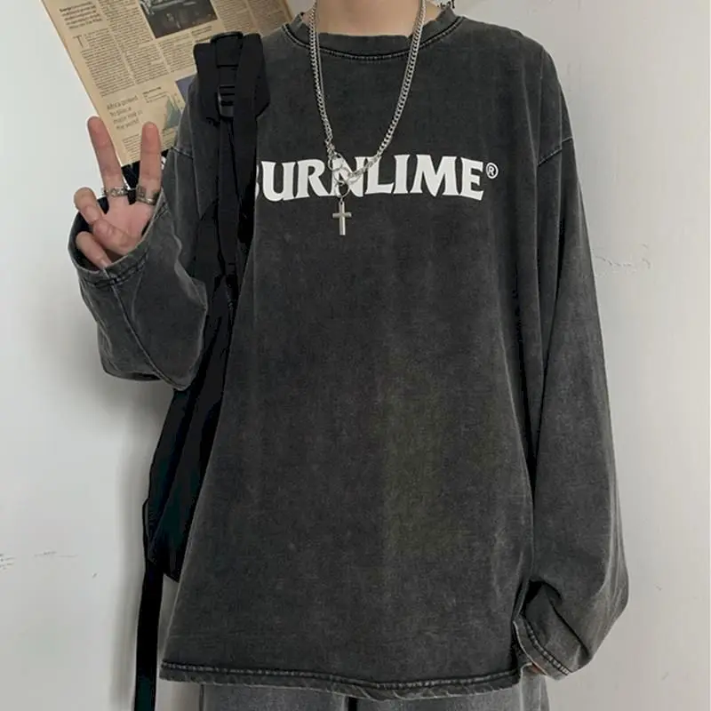 

Vintage Washed Letter Printed Distressed T-shirt Gray Loose Oversized Tshirt Autumn Korean Harajuku Gothic Long Sleeve Women Top