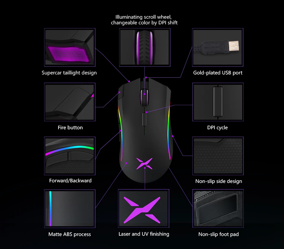 Проводная игровая мышь Delux M625, оптическая мышь для геймера, 7D, компьютерная мышь Mause, макс. до 12000 dpi, игровые мыши с RGB подсветкой для ПК