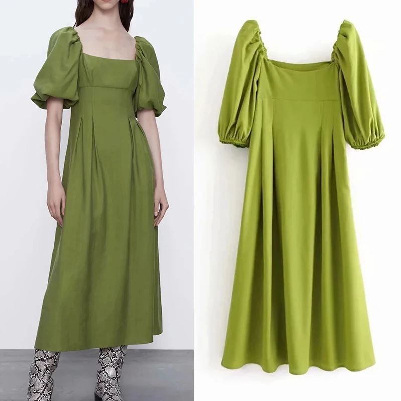 

WESAY JESI Summer Dresses For Women 2021 Green Dress Vintage Chic Women's Clothing High Waist Puff Sleeve Square Collar Female