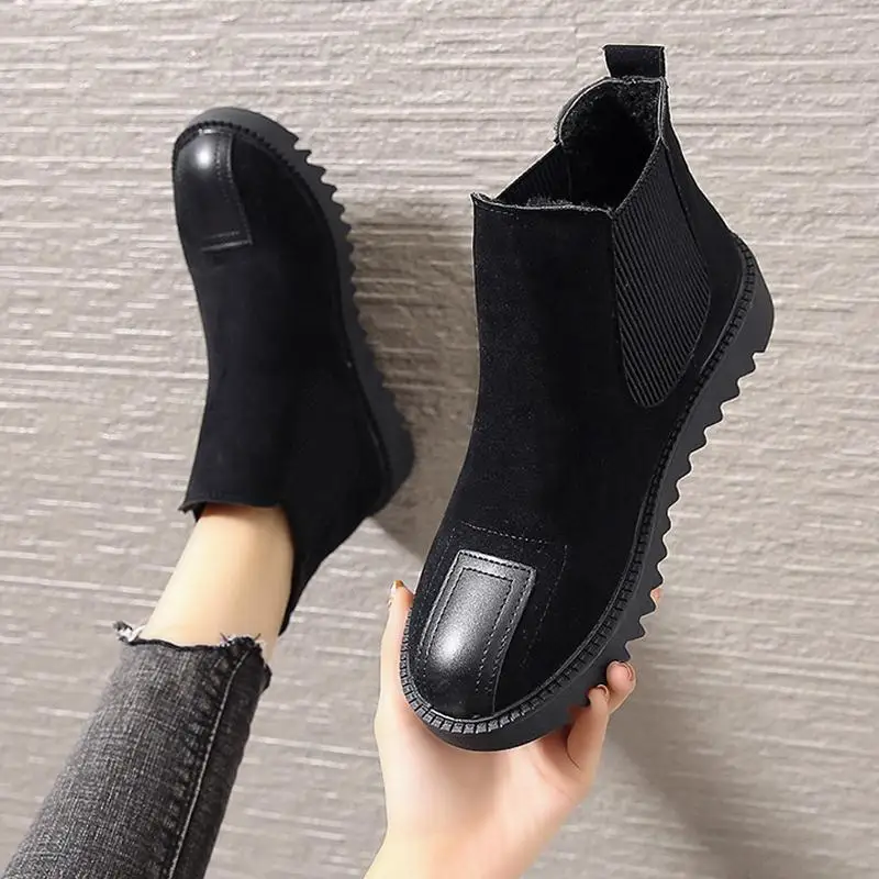 Chelsea Style Women's Winter Autumn Boots Female Fur Sneakers Keep Warm Shoes Black Woman Ankle Boots Flat Boats 2021 Fashion