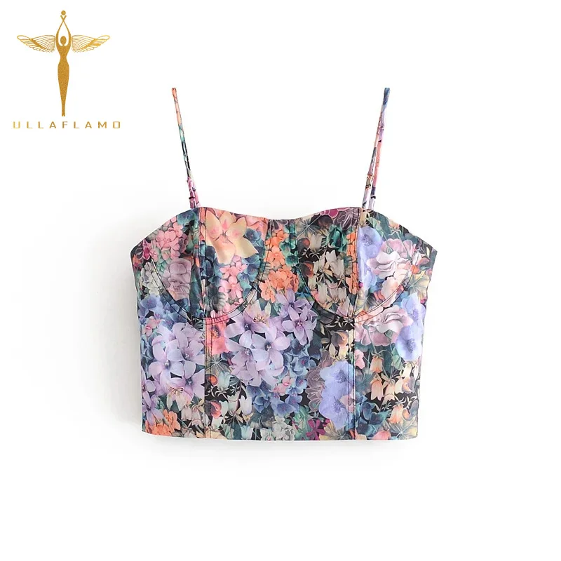 

Floral Print Vintage Camisole Womens Spaghetti Strap Camis Summer Back Zipper Splice Tube Top Femme French Elegant Tank Vest