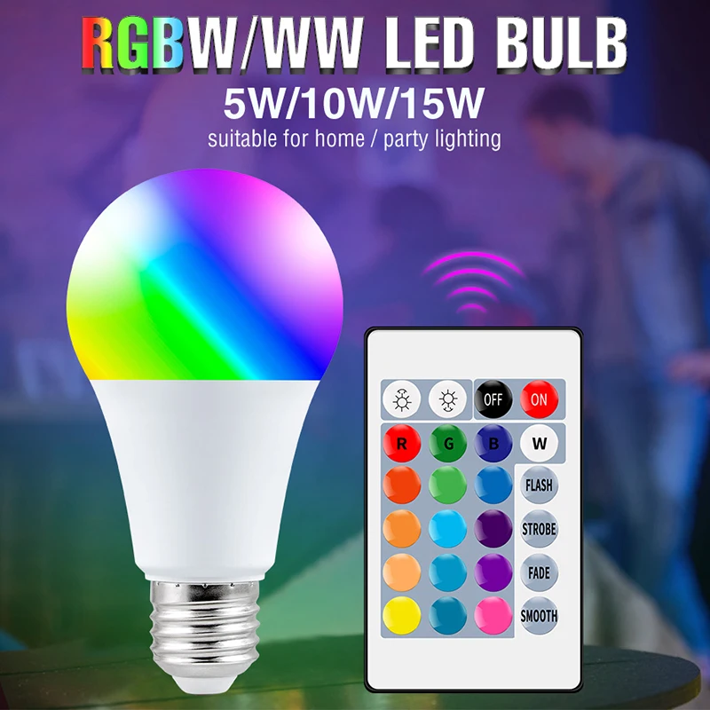 

5W 10W 15W LED Bulb Lamp E27 Dimmable Light Bulbs With Remote Control RGB Round Bulb AC85-265V Warm White Colorful Lampada Bulbs