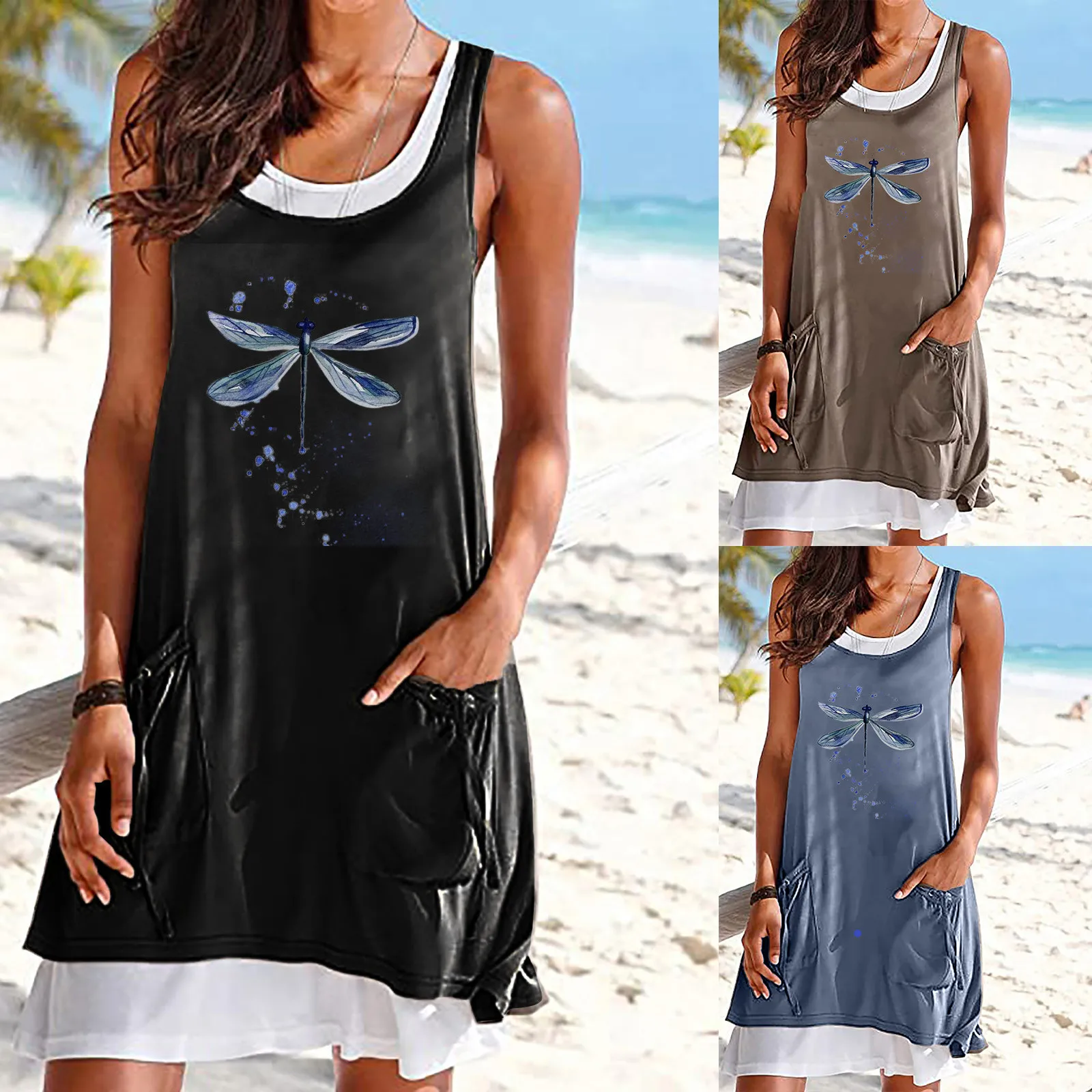 

Beach Mini Dress Women's Summer Fashion Round Neck Print Sleeveless Splicing Plus Size Casual Dress Robe Femme Платье Летнее