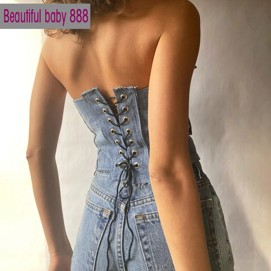 

Meqeiss Stylish Patchwork Strappy Denim Tube Top Corset + Bag 2 Two Pieces Women Backless Casual Streetwear Strapless Club Tank