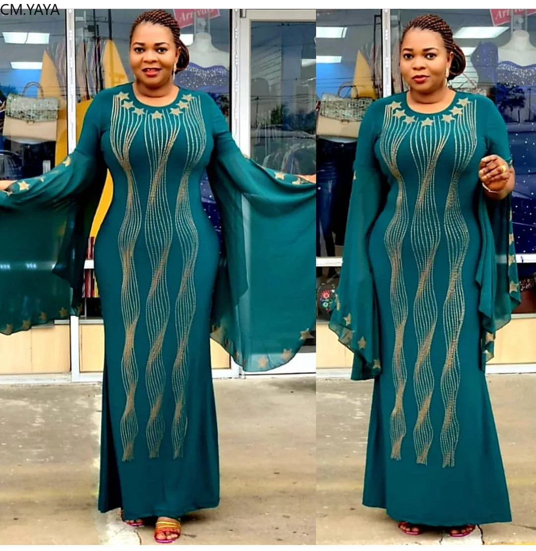 Женское вечернее платье макси с разрезом расшитое стразами длинным рукавом в