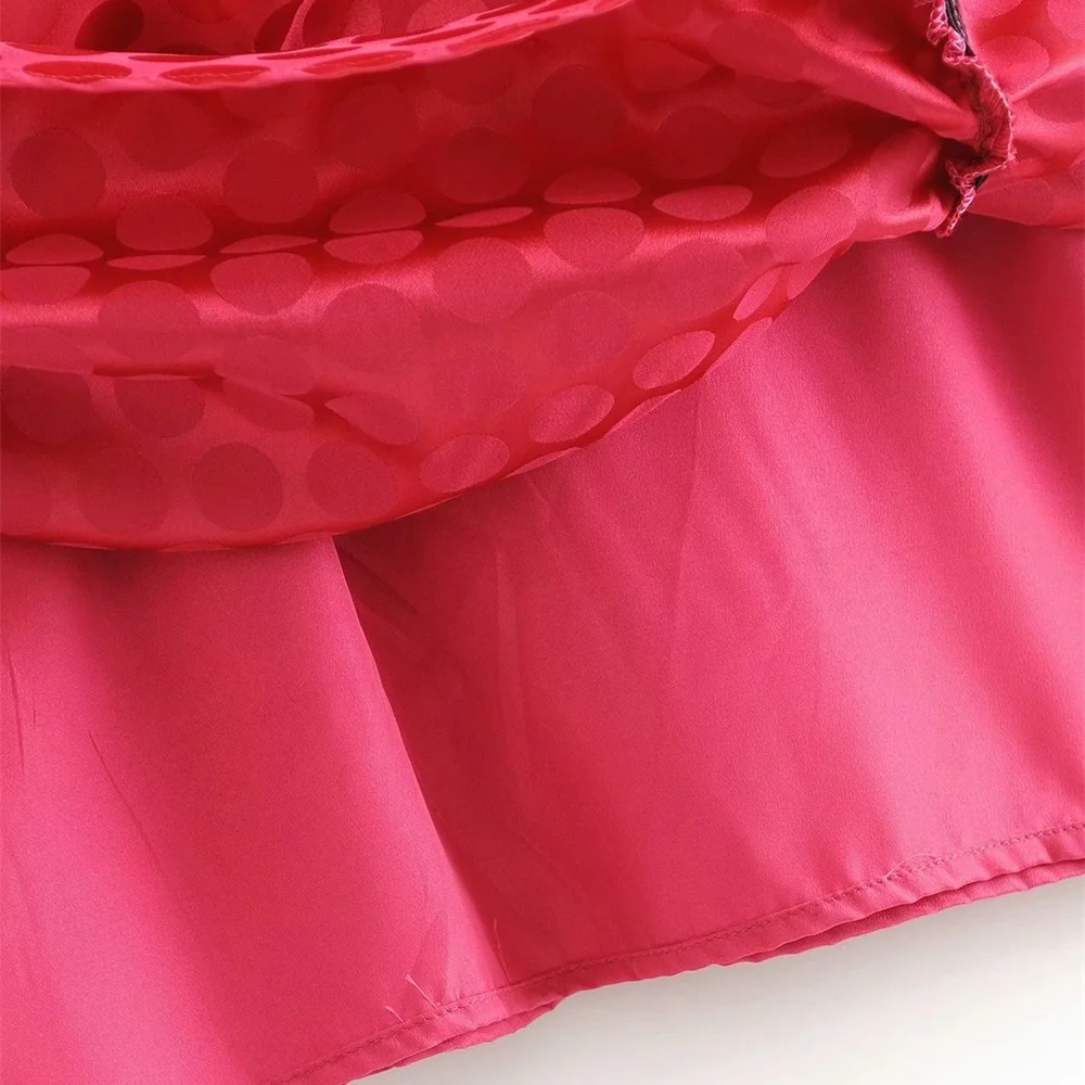 women's new fall double breasted V-Neck long sleeve front pleated with lined Polka Dot Satin Mini Dress 08342307630 | Женская одежда