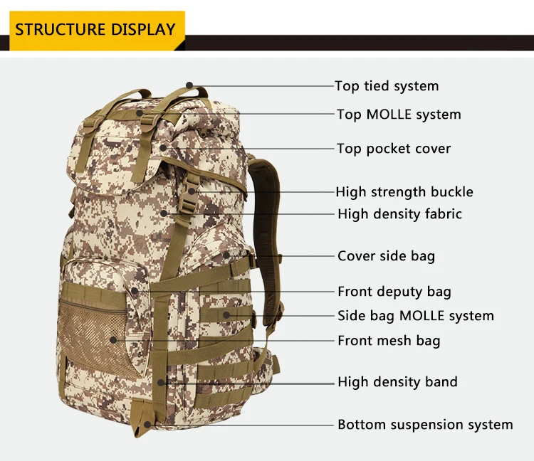 

60LMens MilitaryTactical Backpacks Bag Outdoor Army Trekking Sport Travel Rucksack Camping Hiking Camouflage Backpack