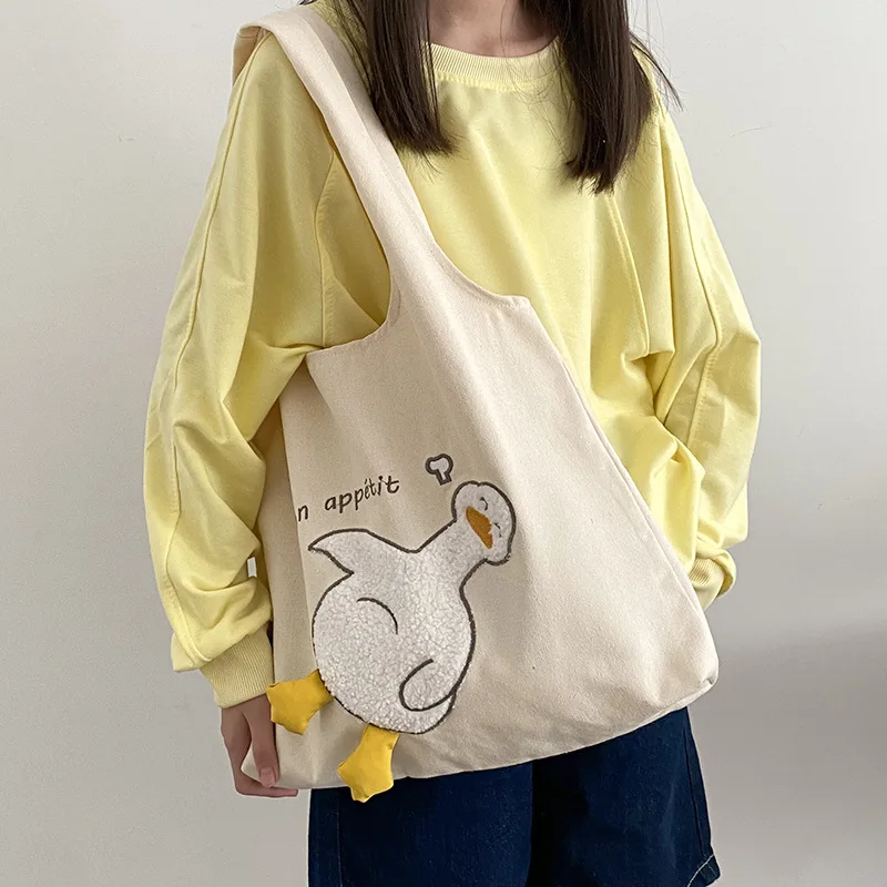 

Large Women's Shopping Bag Ladies Cartoon Duck Canvas Shoulder Tote Bags Fashion Eco Shopper Bag Cotton Cloth Handbag for Woman