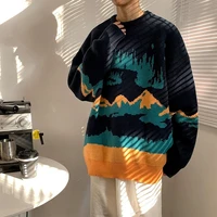 men long sleeve knitted shirts winter sweater men korean fashion clothes mountain pattern streetwear loose oversized sweater