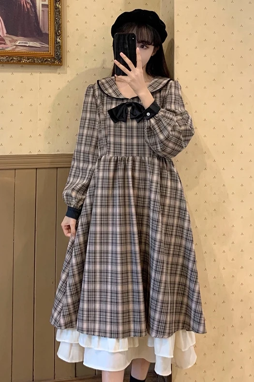 

French Sweet Gentle Retro Plaid Long Sleeve kawaii clothing sweet lolita dressTight Waist Slim Looking Graceful Mid-Length Dress