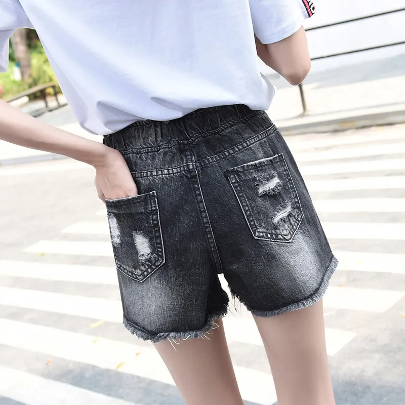 Summer Plus Size Loose Hole Ripped Denim Shorts Women High Waist Wide Leg Jeans Streetwear Casual Black Hot Pants Female | Женская