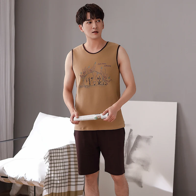 

Men Leisure Short Two-Pieces Pajama Sets Simple Round Neck Sleeveless Pijamas Summer Pure Cotton Printed Loungewear Nightwear
