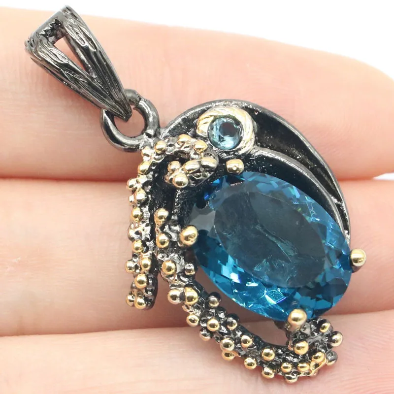 

41x23mm Bohemia Design Vintage 9g Created Dark London Blue Topaz Violet Tanzanite Black Gold Silver Pendant Wholesale