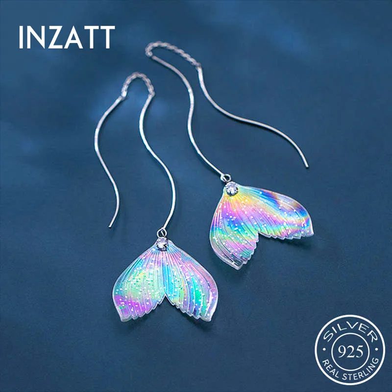 

INZATT Real 925 Sterling Silver Tassel Colored tail Drop Earrings For Fashion Women Party Fine Jewelry Bohemian Accessories