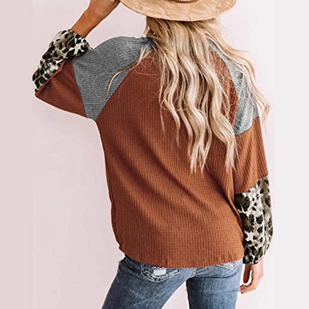 Women's T-shirts Autumn Winter Fashion Ladies Casual Daily O neck Loose Knot Long Sleeve Leopard Stitch Waffle Top Crop Tops | Женская