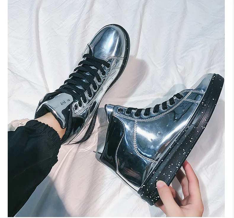 Sooneeya High Top Patent Leather Casual Shoes Men Glitter Luxury Boots Male Driving Shoes Brand Designer Bling Leather Shoes