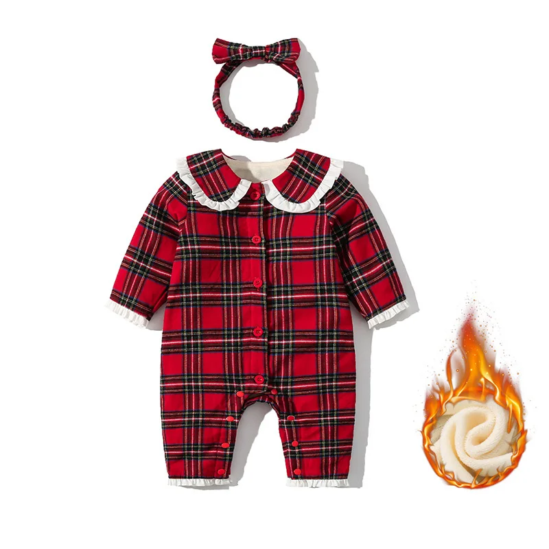 

Autumn and Winter Infant Lattice Romper Baby Bodysuits Kids Clothing Plus Fleece One-piece with Hair Band Baby Girl Clothes
