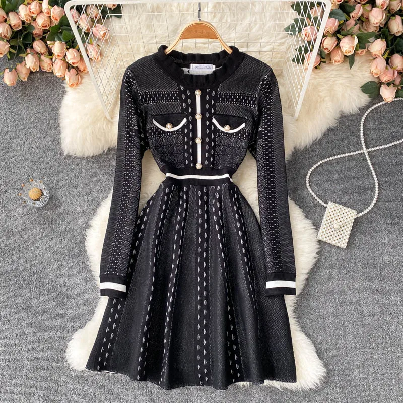 

2021 Autumn New Temperament All-match Vestidos Female Round Neck Long Sleeve Base Knitted Mini Dress DF764