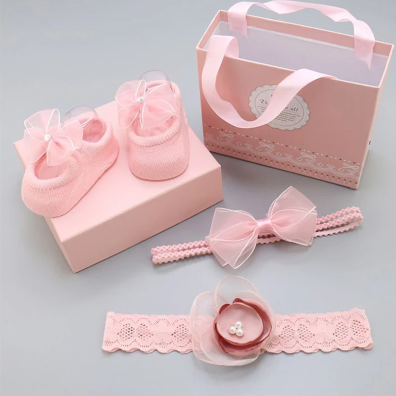 Детские носки и повязка на голову милый комплект кружевные с лентой для волос