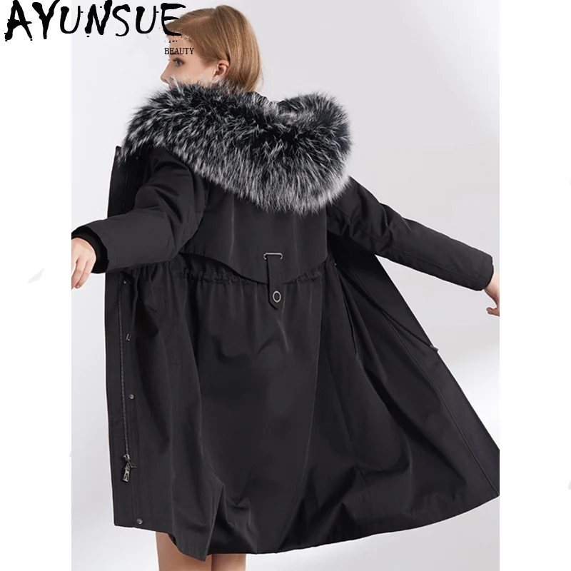 

AYUNSUE пальто с натуральным мехом, женская теплая парка с подкладкой из кроличьего меха, зимняя куртка с воротником из меха енота, длинная курт...