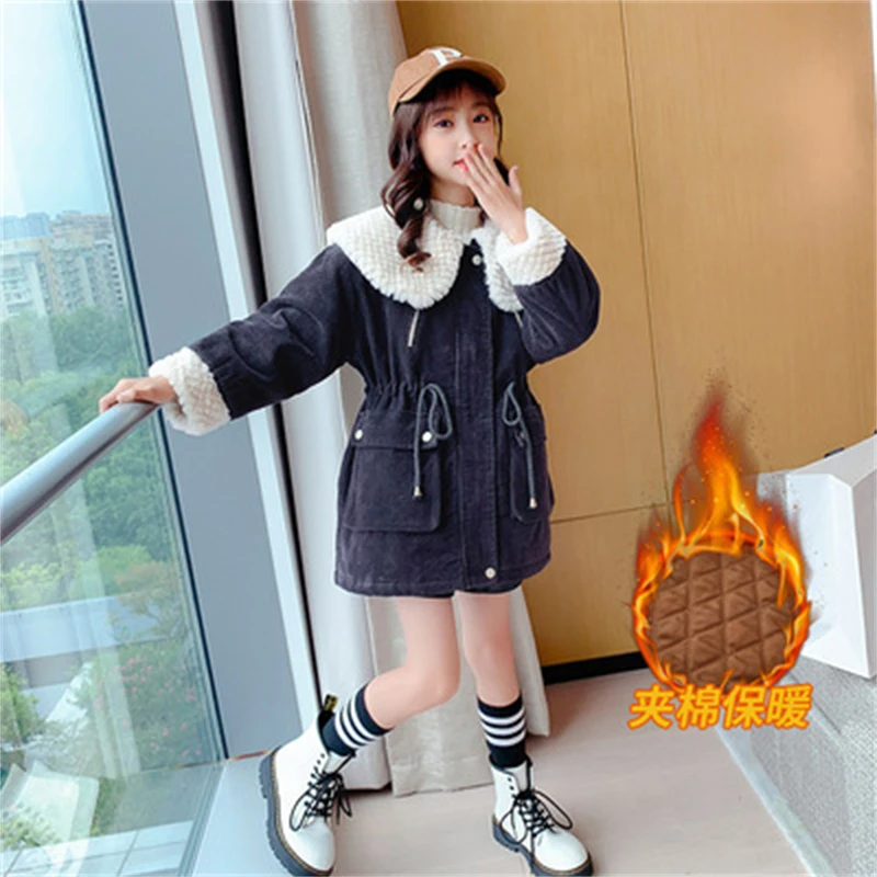 

Girls Boys Coat Jacket Plus Velvet Thicken 2021 Lapel Warm Winter Overcoat Top Cardigan Cotton Kids Children's Clothes