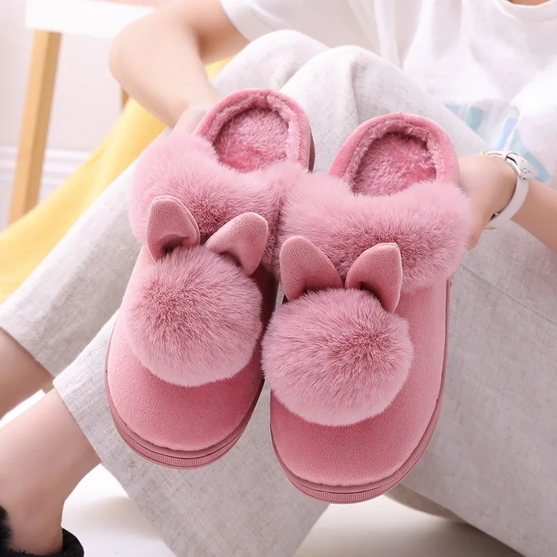 

2021 Autumn Winter Cotton Slippers for hom Rabbit Ear Home Indoor Slippers Winter Warm Shoes Womens Cute Plus Plush Slippers