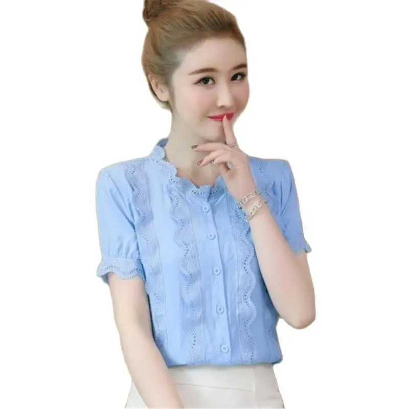 

Woman Plus Size Summer Solid Short Sleeve Button Mandarin Collar Chiffon Shirts Female Oversized Hedging Button Slim Blouse