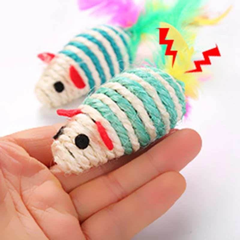 

Pet Cat Toy Colorful Sisal Mouse With Feather Tail Cartoon Rat Pet Toy Anti-resistant Squeak Toy Mice For Cats Kitten Molar