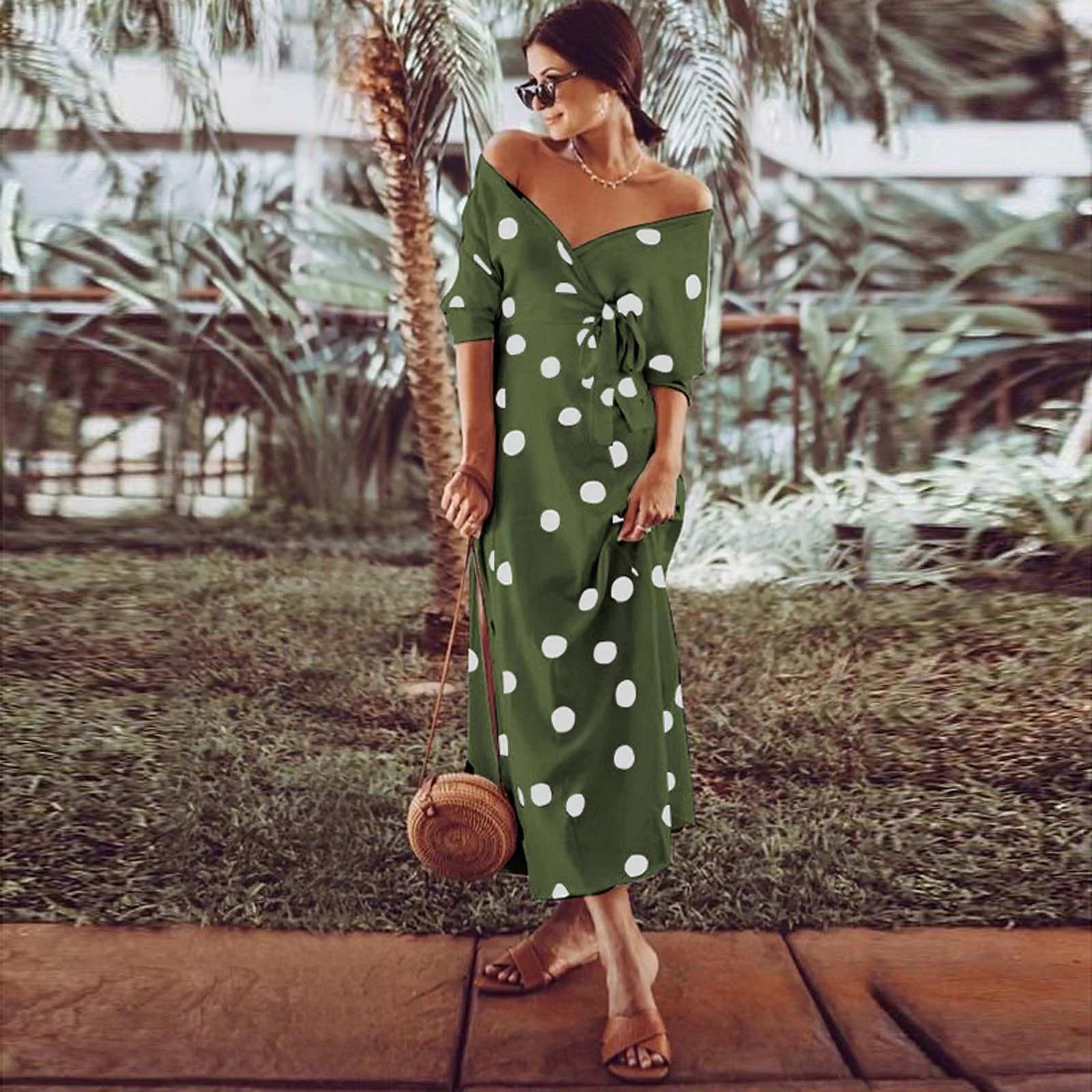 Summer Fashion Polka Dot Print V-neck Off Shoulder Dress Summer Polka Dot Print V-neck Off Shoulder Dress Vestidos De Mujer