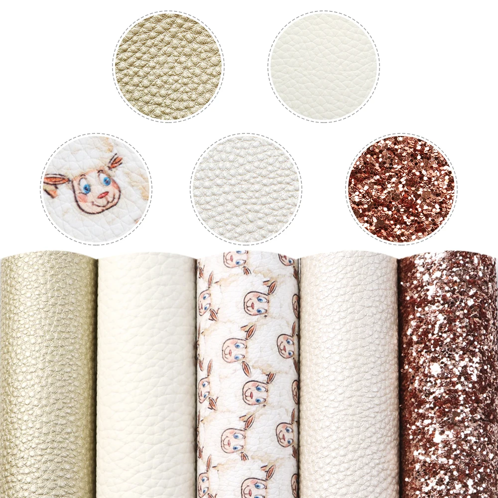

5pcs Assorted Theme Printed Lychee Glitter Faux Leather Fabric Vinyl Fabric for Bows DIY Materials Wallet Phone Case,1Yc10735