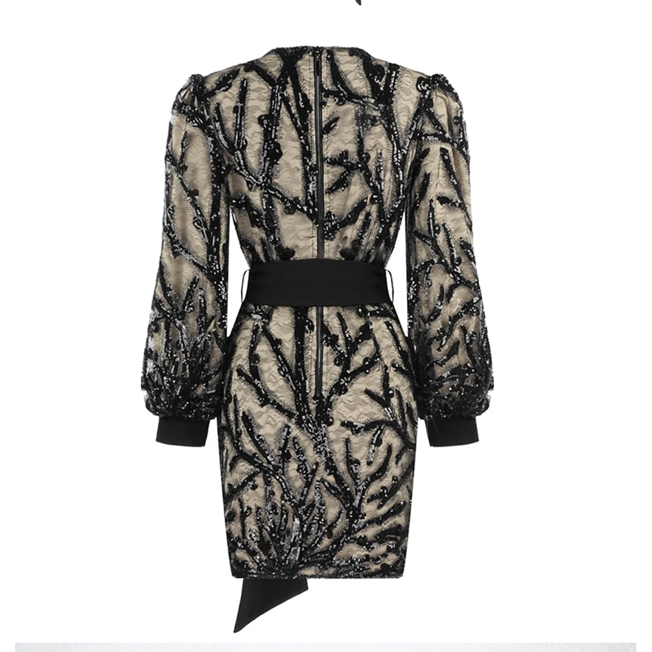 

2020 New Women's Sexy V-neck Black Long Sleeve Mesh Glitter Bodycon Mini Bandage Dress Celebrity Club Banquet Dress Vestidos