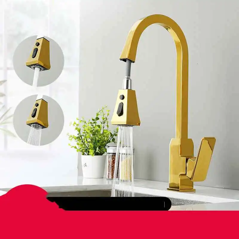 

and gold kitchen faucets, black and silver, only one handle pulled out of the kitchen, one hole handle, water mixing faucet