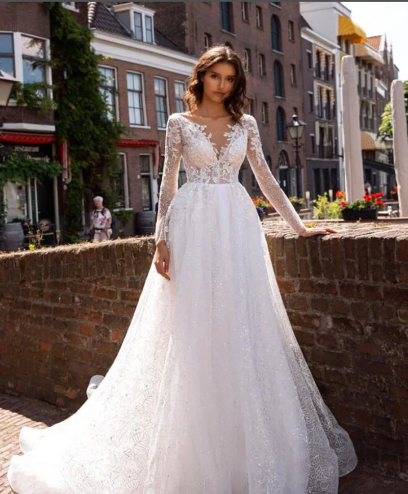 

Sumnus Glitter Lace Wedding Dresses A Line Backless V Neck Long Sleeves Wedding Gowns Modest Princess Bridal Dress Custom Made