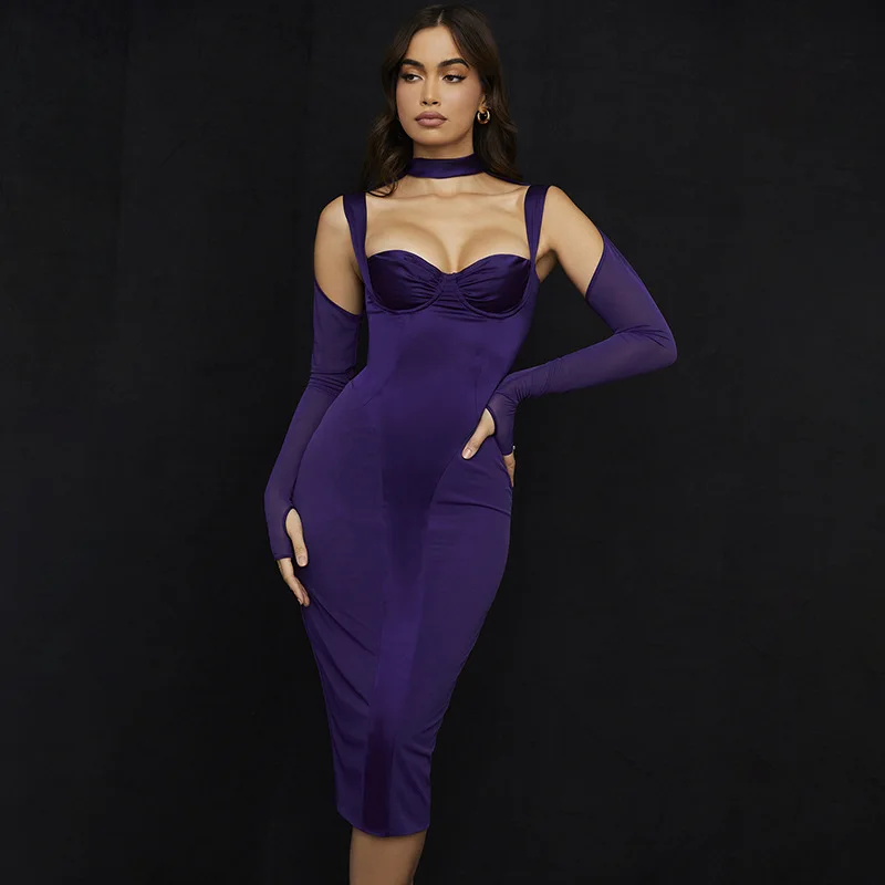 

Charm Hollow Stitching Sexy Halter Low Cut Party Dress for Women Elegant and Chic Bodycon Midi Dresses New Fall Winter Club Wear