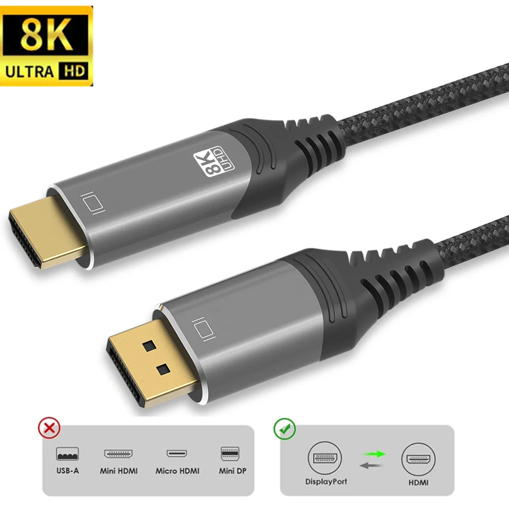 DisplayPort 1 4-HDMI-совместимый кабель 2 8K @ 30Hz 4K 120Hz 2K 165Hz/144Hz Кабель DP-HDMI ible для ПК HP DELL GPU AMD