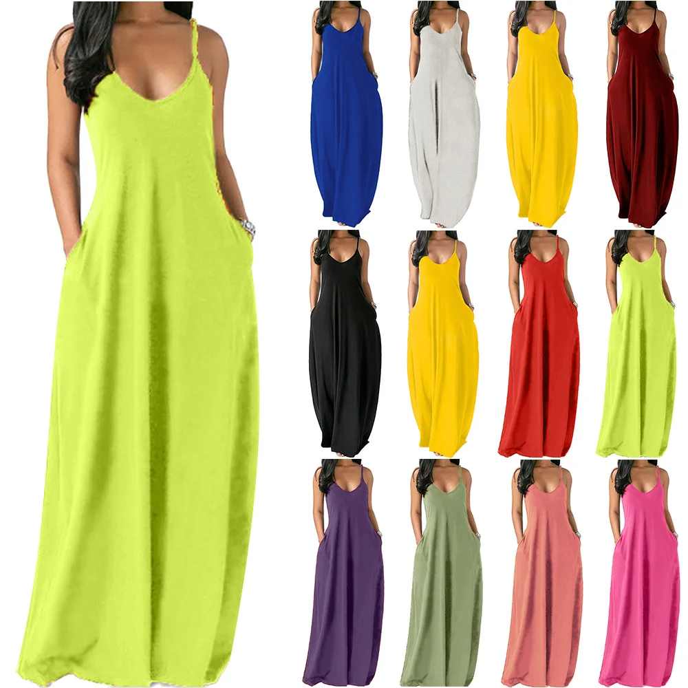 Платье женское длинное с V-образным вырезом модное пикантное однотонное