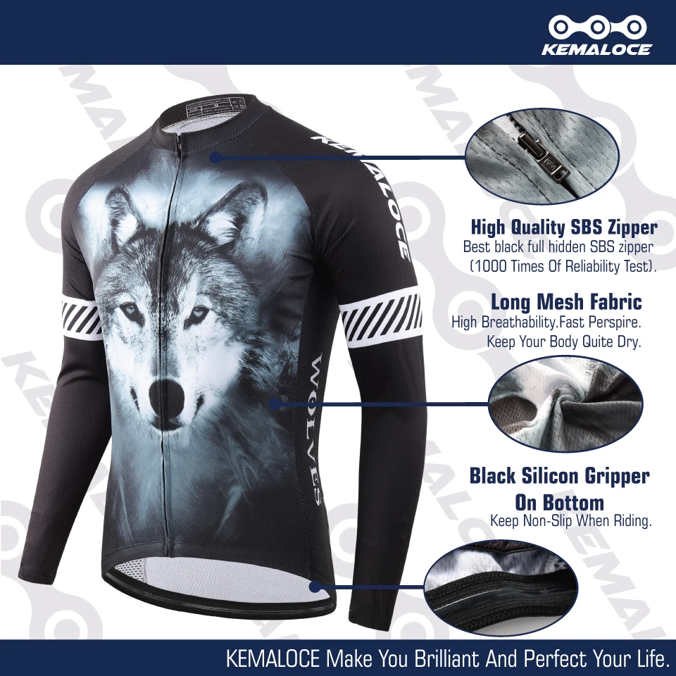 KEMALOCE Мужчины Велоспорт Джерси Черный волк велосипед с коротким рукавом и Лето