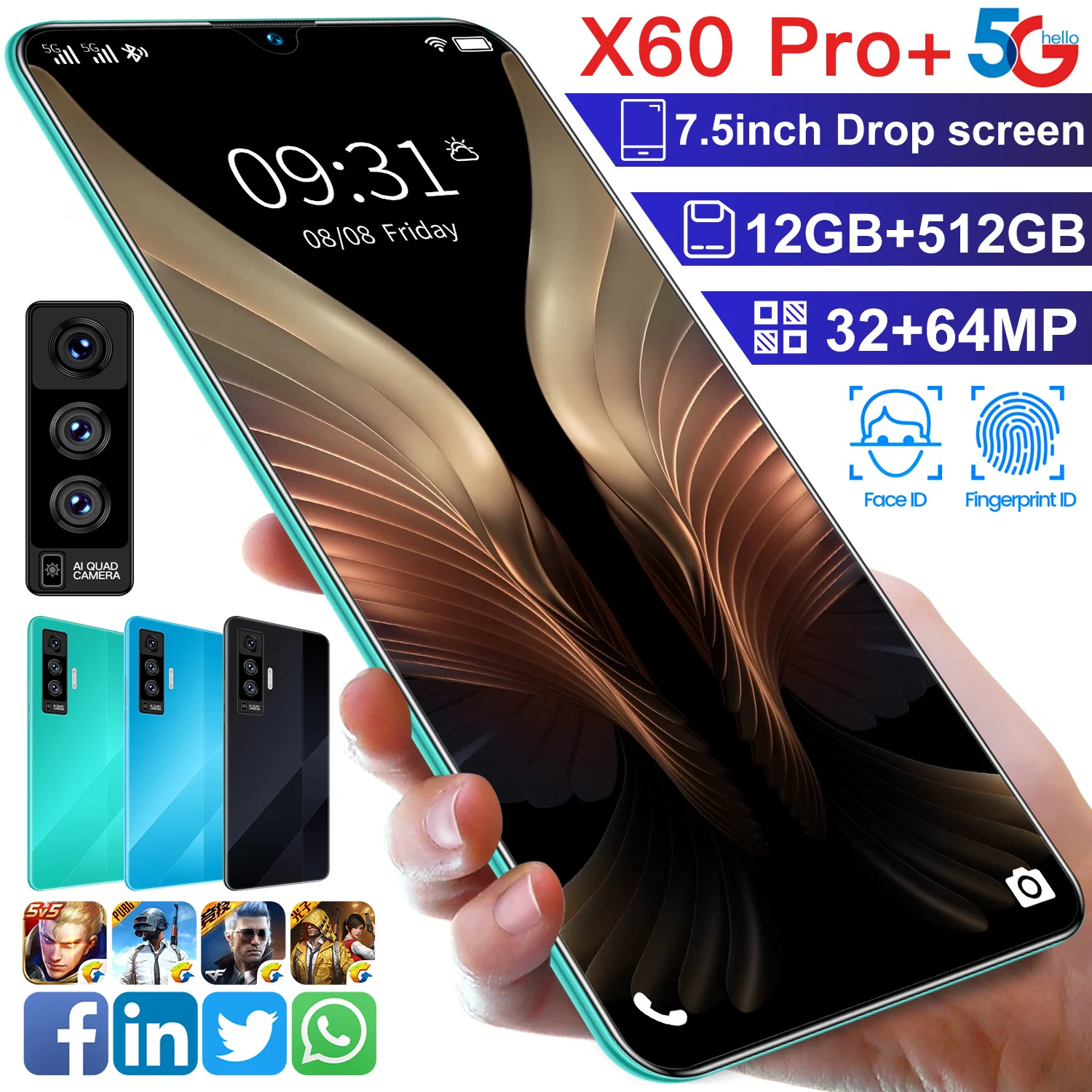 

X60Pro+ Smartphone with 12GB+512GB Large Memory Cell Phone. 7.5inch FHD+ High-Clear Drop Disply,32.0MP + 64.0MP HD Camera. Ultra