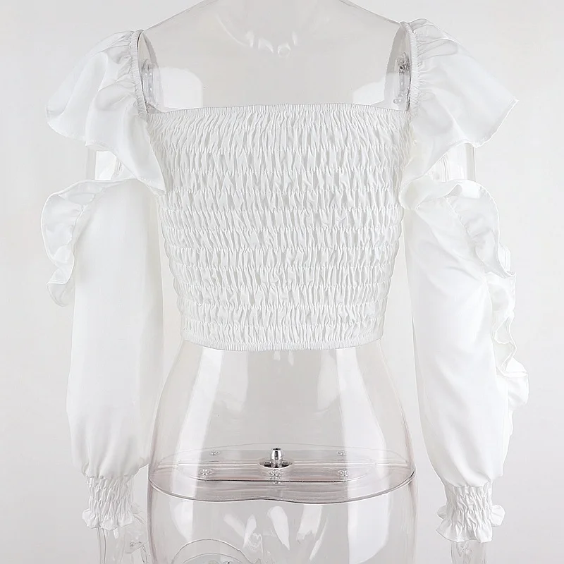 

Fashion White Women's Top Hollow Ruffled Square Neck Long Puff Sleeve Top Autumn Ladies Club Party Casual T-shirt 2021 New