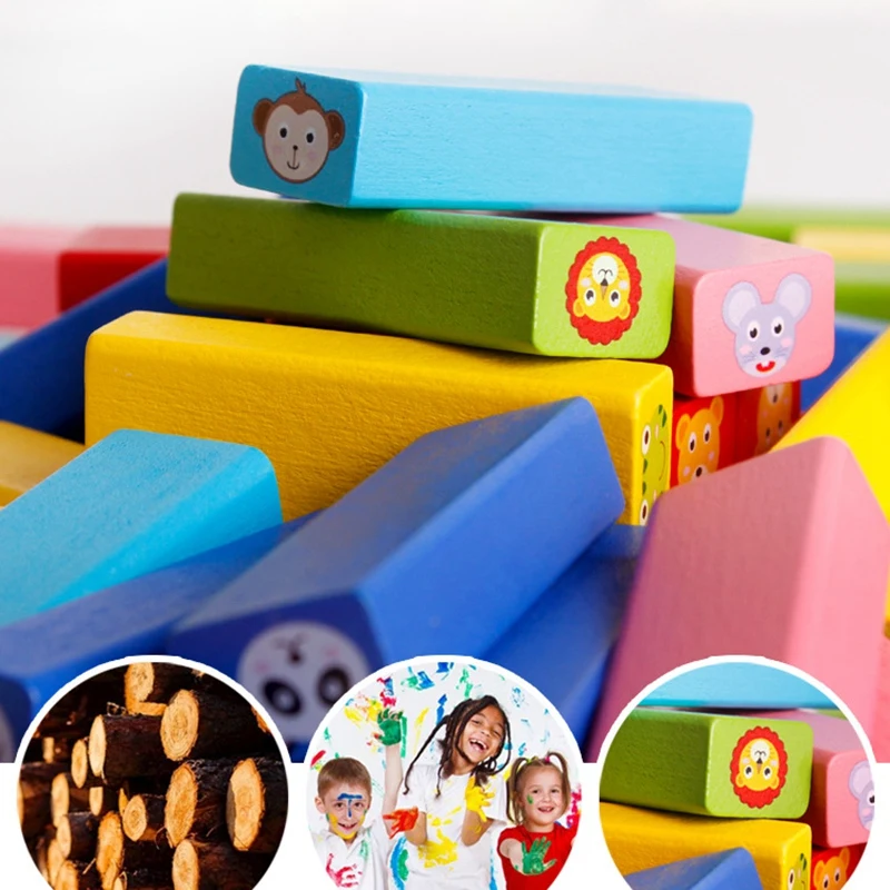 

Kids Wooden Colorful Animal Pattern Blocks Stacking Building Block Toys Educational Cognition Match Game