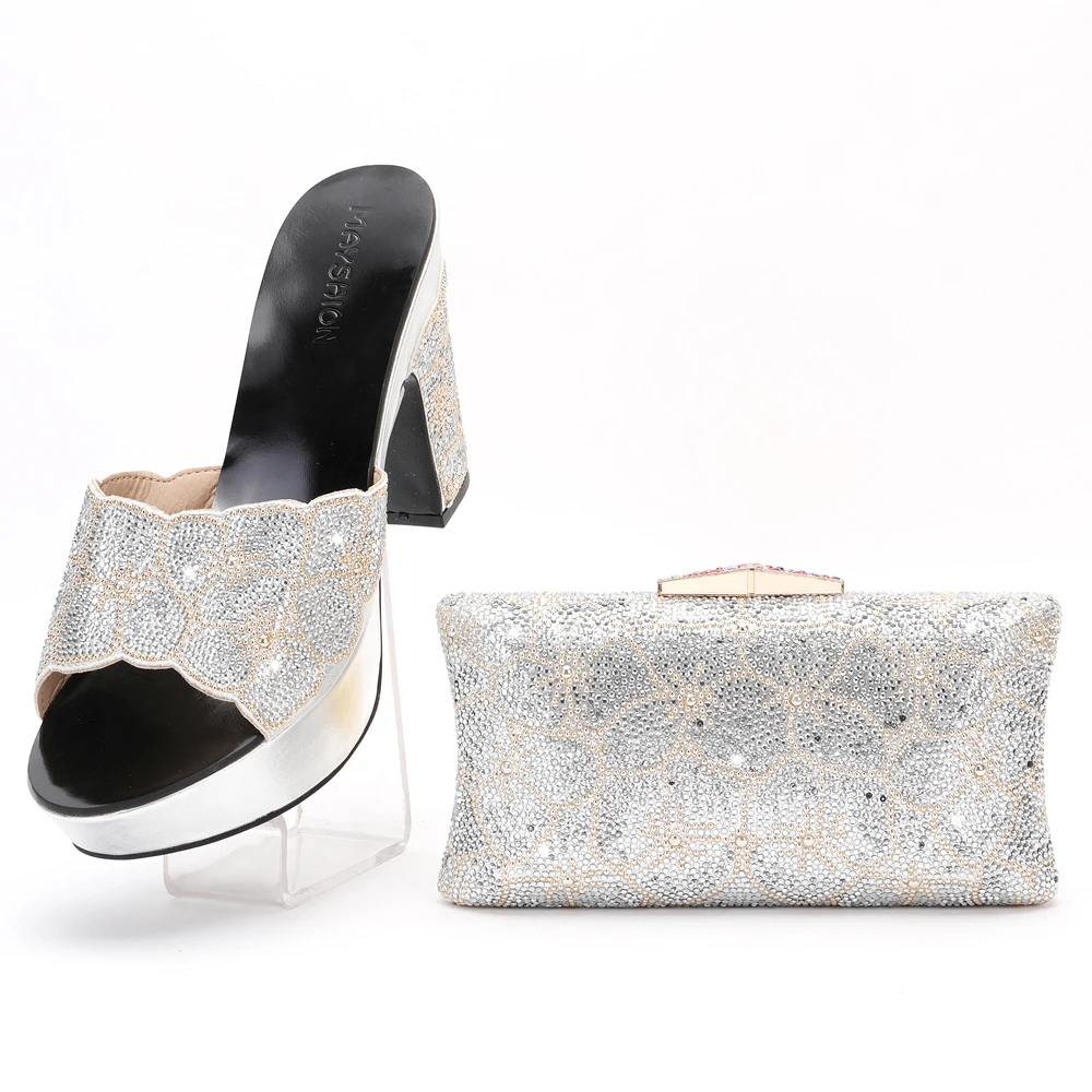 

2021 new Italian design African Nigerian high heels party Crystal Rhinestone Wedding Shoes and portable straddle Dinner Bag
