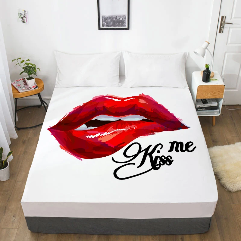 

3D Printing Bed Sheet With Elastic Fitted Sheet Sexy Lip Kiss Me Bedding Mattress Cover Custom Home Textile Twin King Size 1PCS