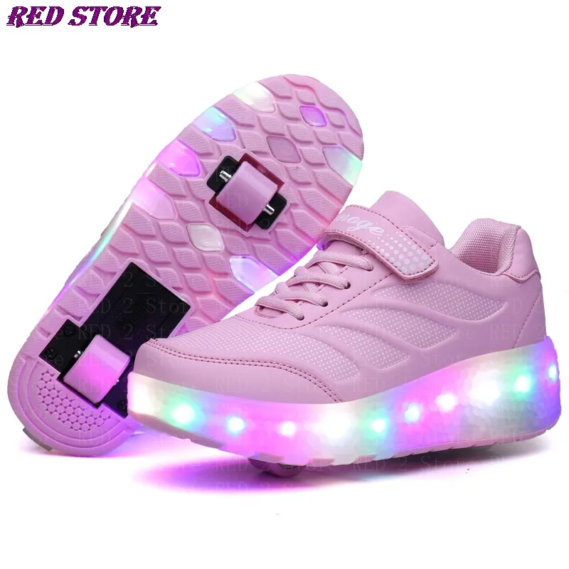 

Кроссовки со светодиодный светильник кой и двойными колесами, повседневная обувь для мальчиков и девочек на роликах, обувь для влюбленных м...