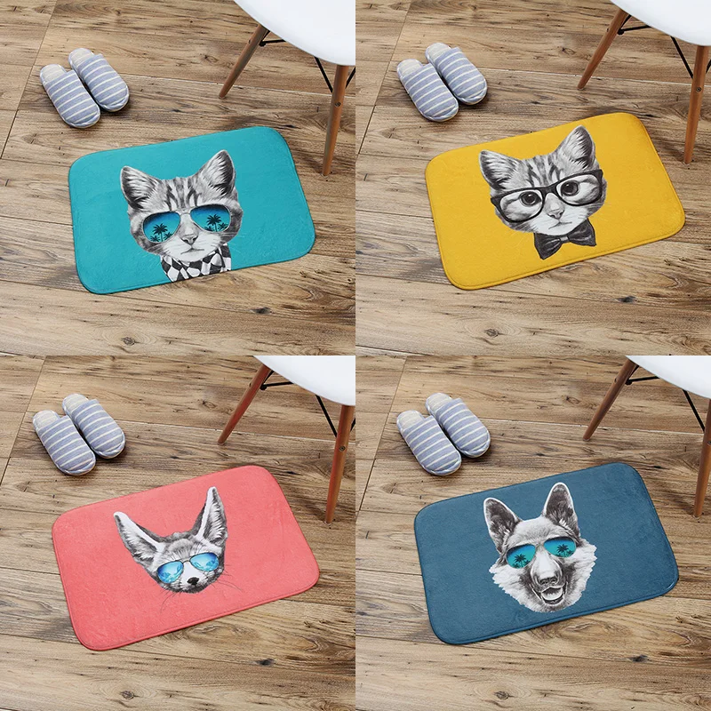 funny cartoon dog cat fox wearing sunglasses print door mat HQ Flannel carpet entry hallway front anti-slip floor mats | Дом и сад
