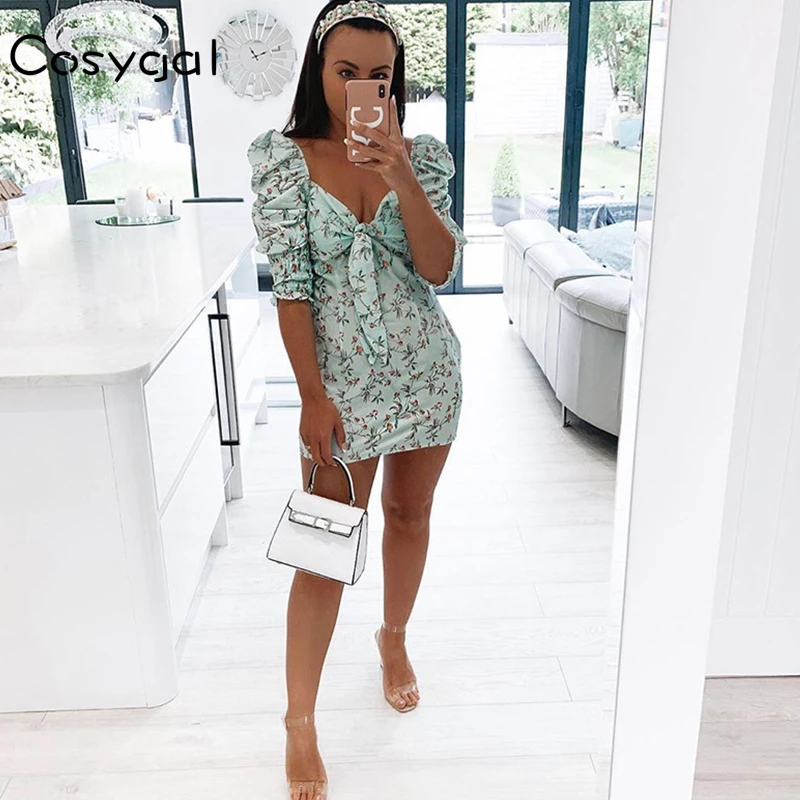 COSYGAL New Sexy Three Quater Printed Sexy Dress Bow Tie Lace Up Slim Ladies Dress Fashion Nightclub Party Dresses Vetidos