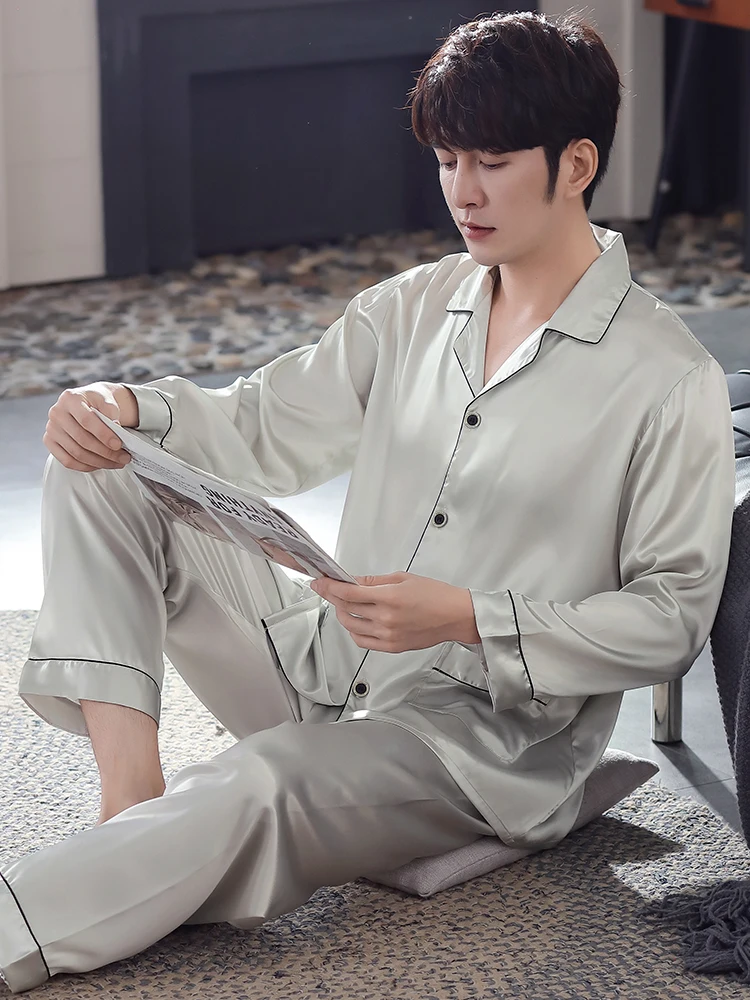 Spring Men Pajamas 2 Pcs Ice Silk Sleepwear Set Solid Home Pants Blue Pijamas Long Sleeve Pjs Bedgown Homme Bedroom Pyjamas Suit