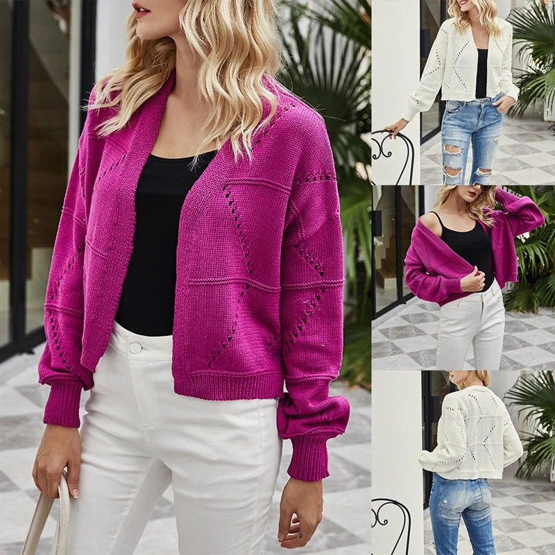 

Autumn and Winter Sweater Women'S Crochet Hollow V-Neck Long Sleeve Buttonless Knit Cardigan